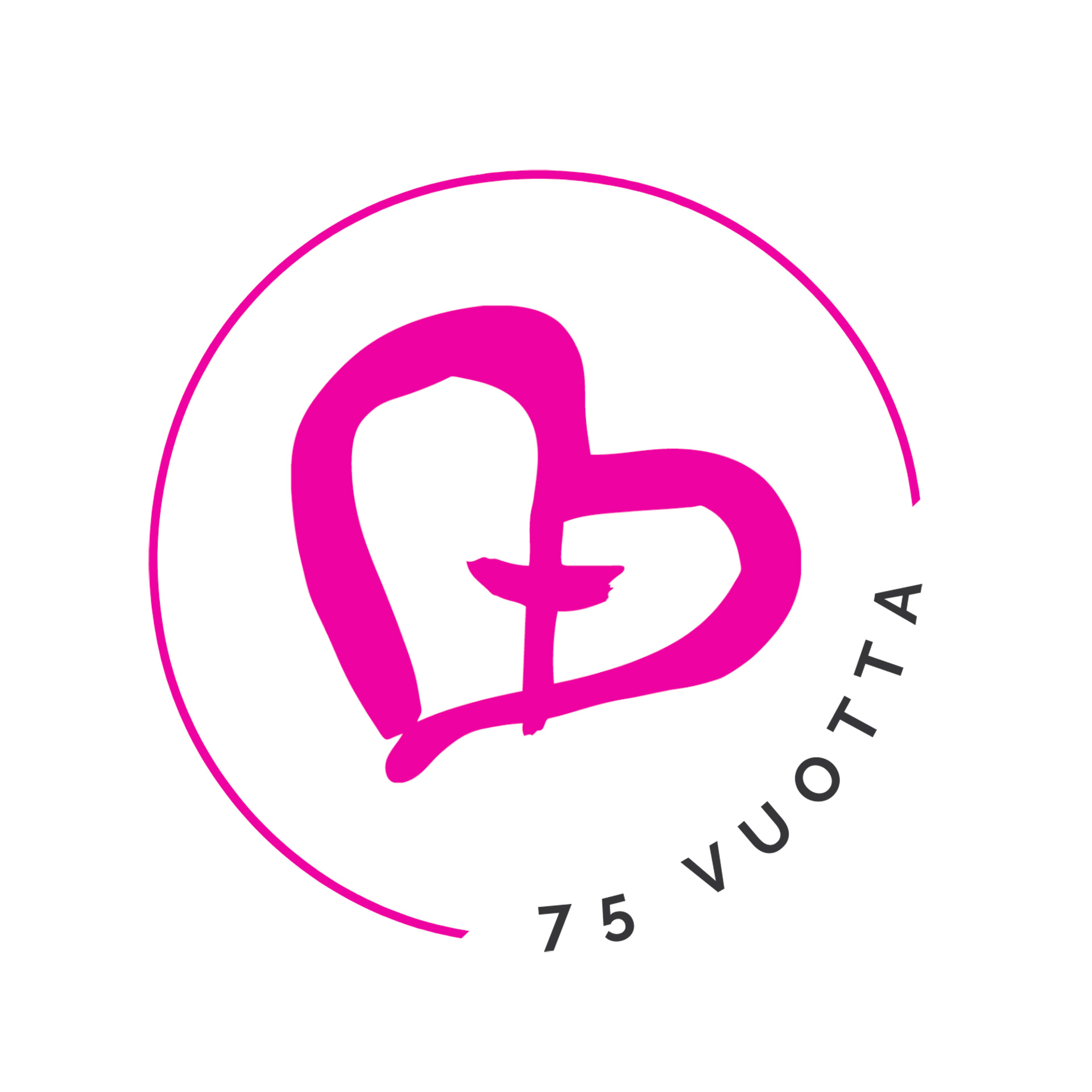 yhteisvastuun pinkki sydänlogo, jossa teksti 75 vuotta.