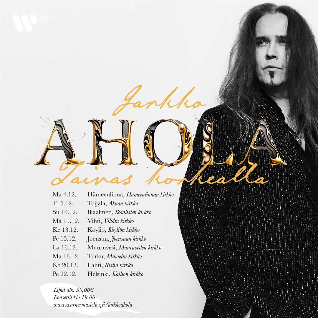 Jarkko Aholan kuva julisteessa ja tekstinä Akaan konsertin ajankohta tiistai 5.12. klo 19 Akaan kirkossa.