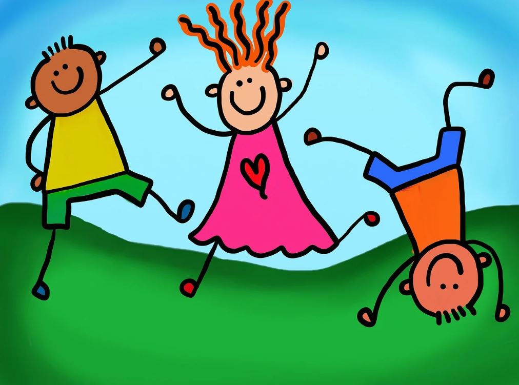Piirroskuva, jossa kaksi iloista lasta hyppii ja yksi heittää kärrynpyörää.