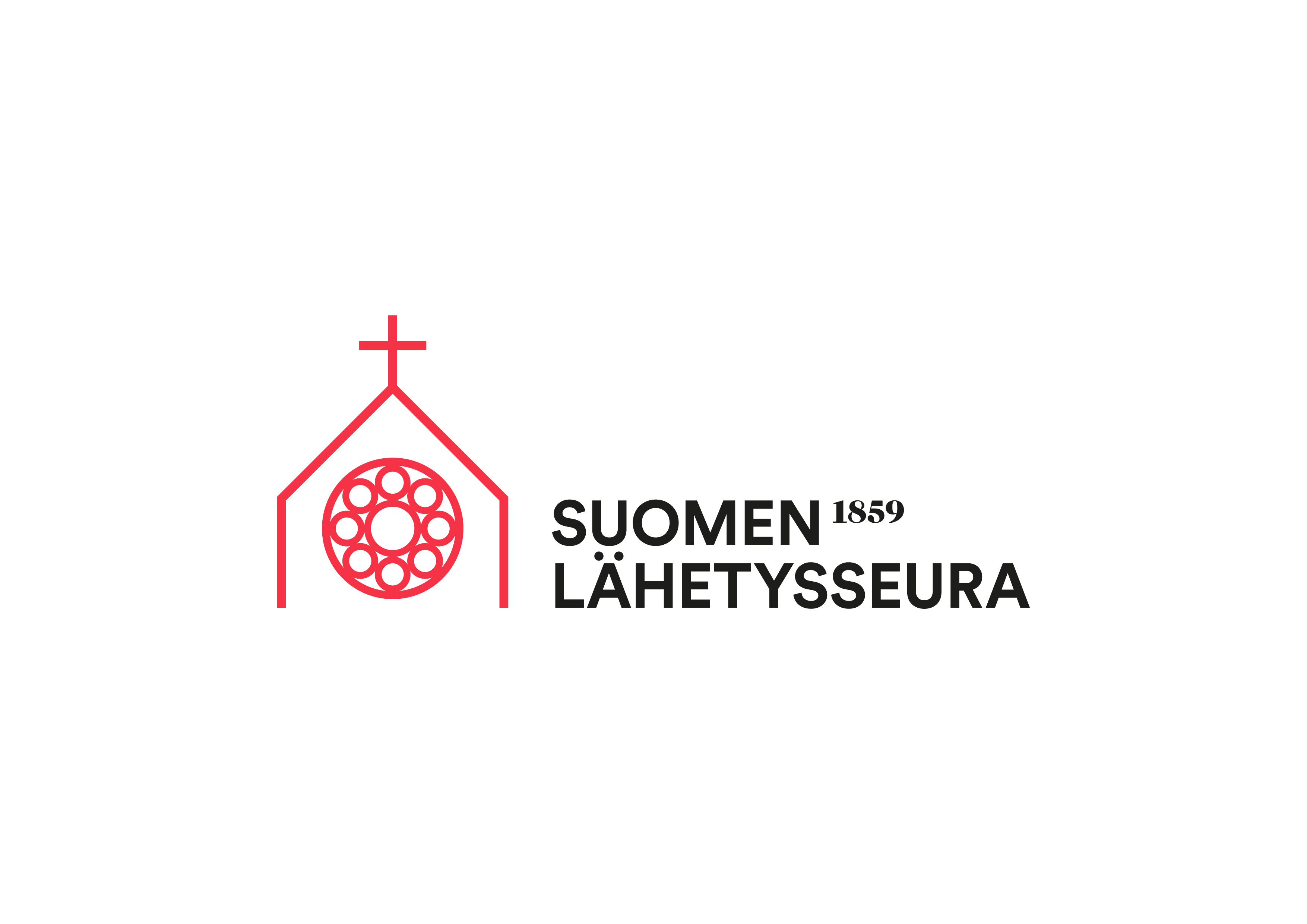 teksti suomen lähetysseura 1859 ja graafinen logo punaisella risti ylhäällä