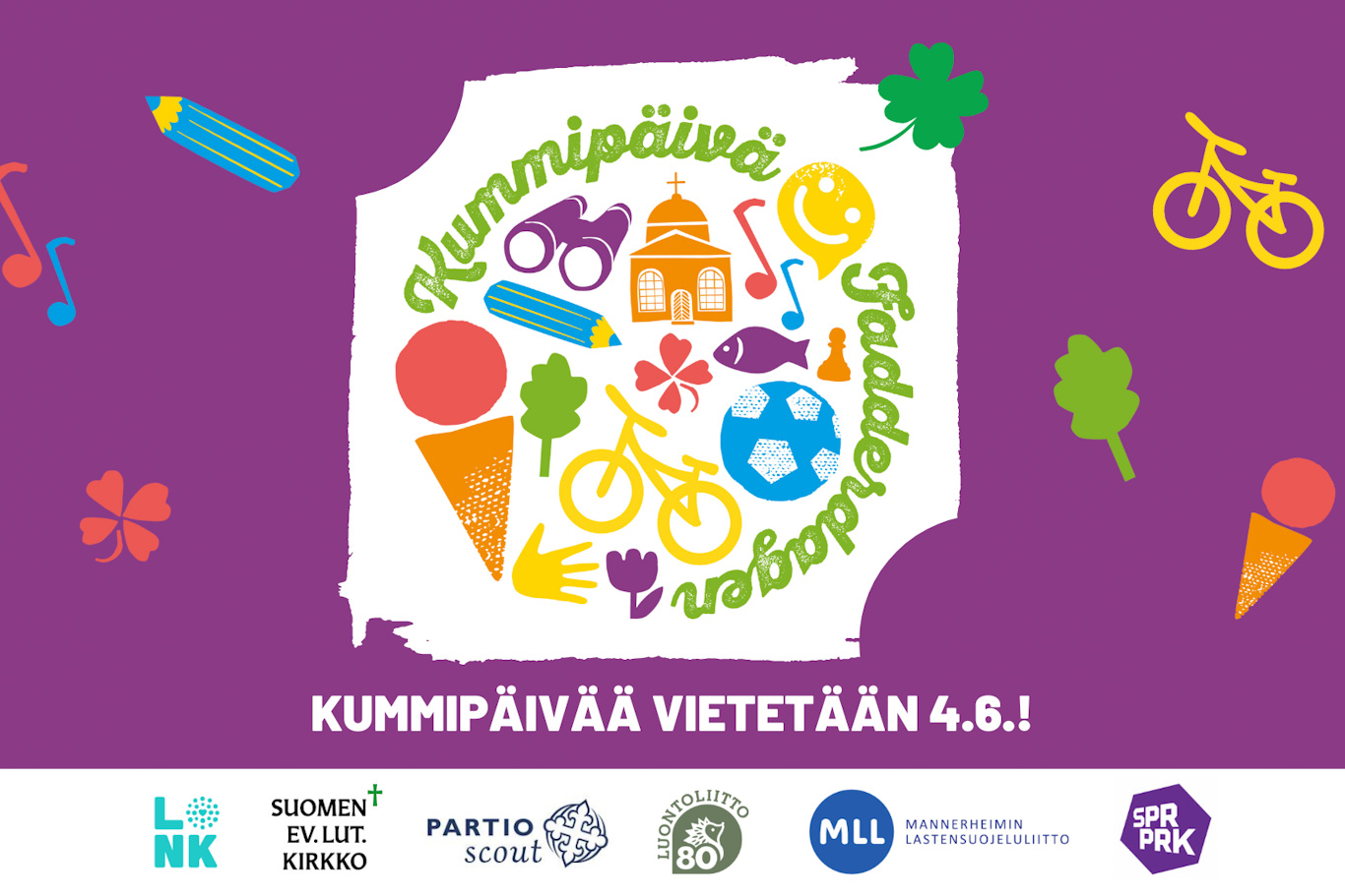 kummipäivän 4.6. logokuvituskuva violetti pohja jossa jätskitötterö, pyörä, jalkapallo jnee