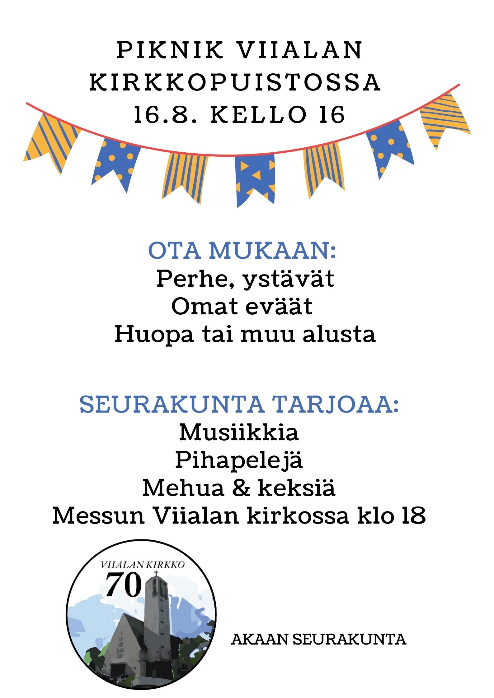 Piknik Viialan kirkkopuistossa piknik-mainos