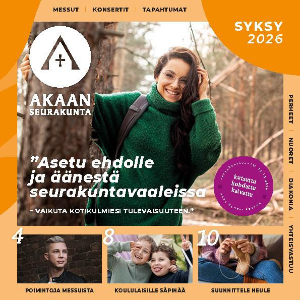 Syysesitteen kansi, jossa iloinen nainen kurkistaa puun takaa.