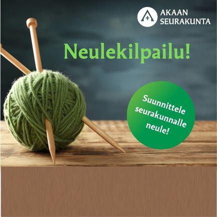 Vihreä lankakerä, jonka läpi menee kaksi puikkoa. Tekstinä neulekilpailu - suunnittele seurakunnalle neule