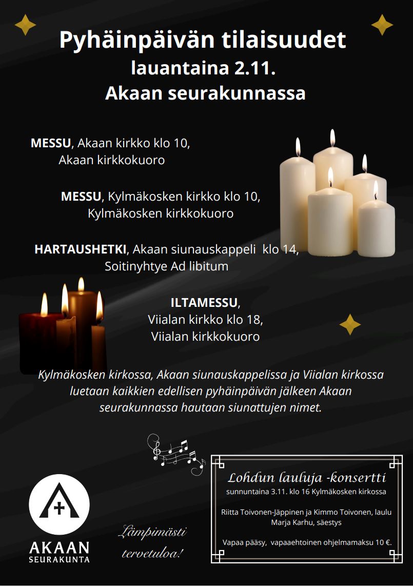 Juliste pyhäinpäivän tilaisuuksista, valkoinen teksti mustalla pohjalla ja kynttilöitä.